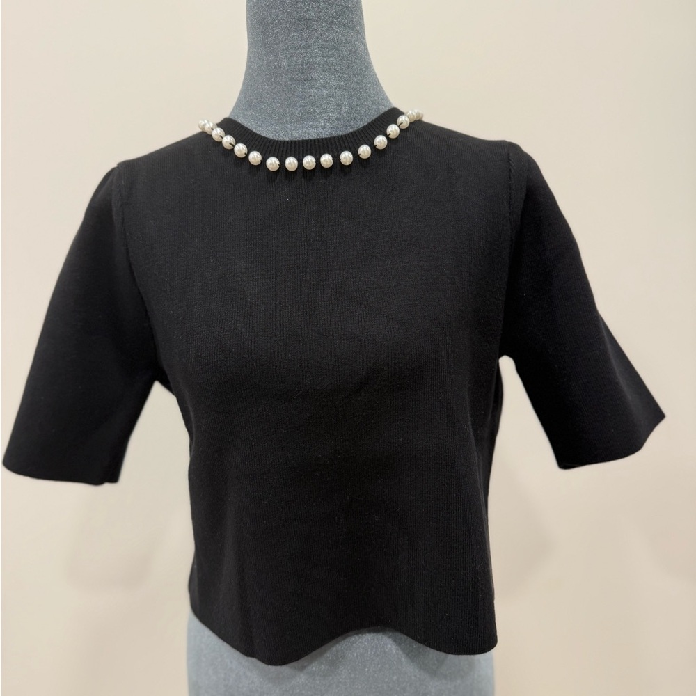 THML Black Pearl-Embellished Cropped Sweater